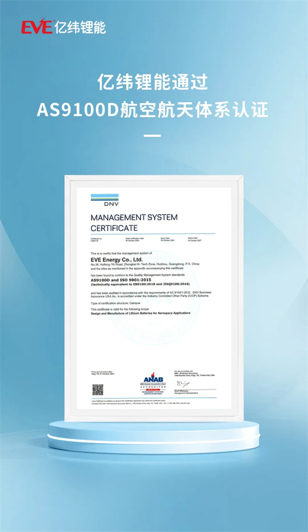 億緯鋰能通過AS9100D航空航天體系認證